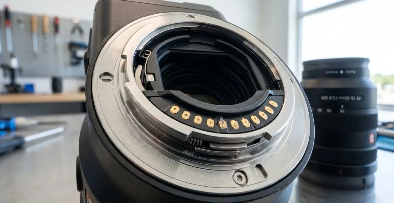 Gros plan extrême sur le mécanisme à baïonnette d'une monture d'objectif, avec les contacts électroniques métalliques visibles en détail