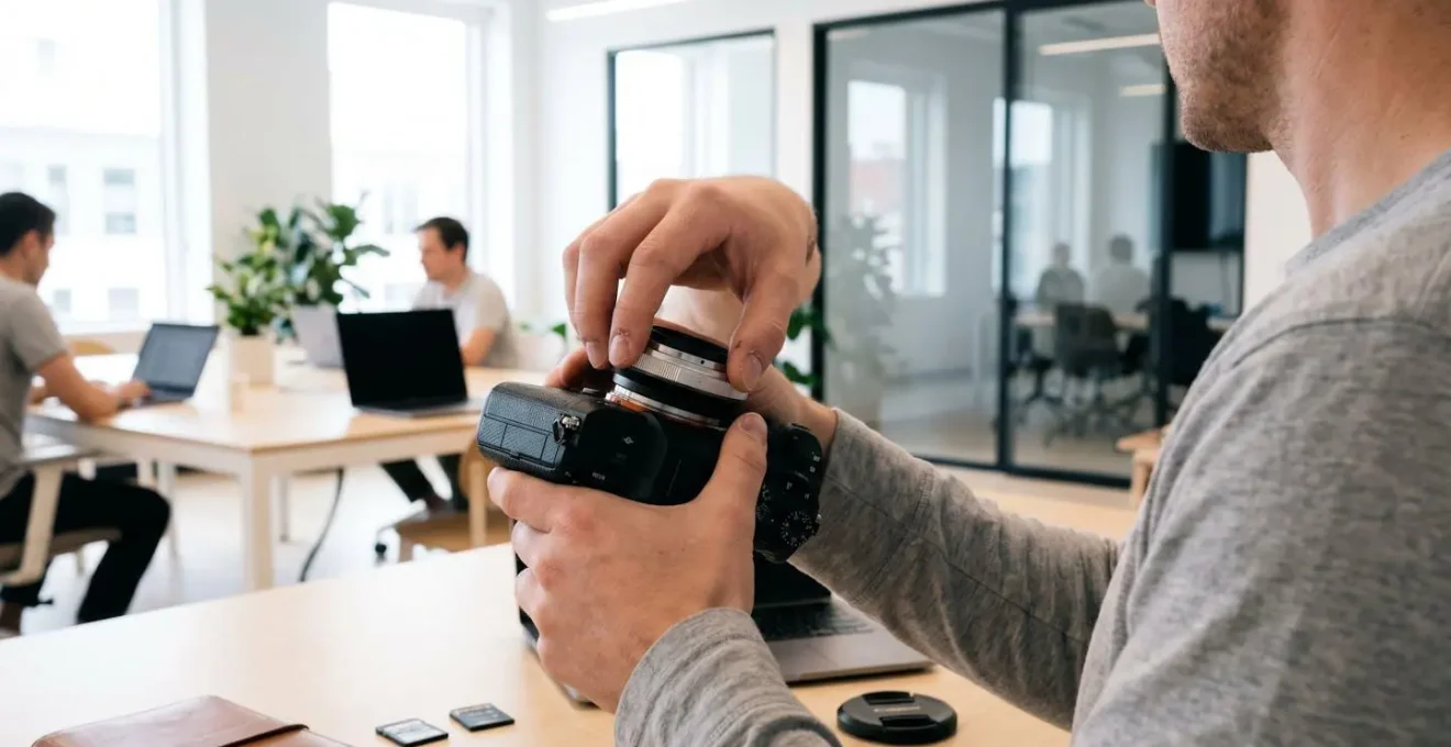 Vue de dos d'un photographe dont les mains attachent une bague d'adaptation à un boîtier mirrorless, action en gros plan sur un plan de travail moderne