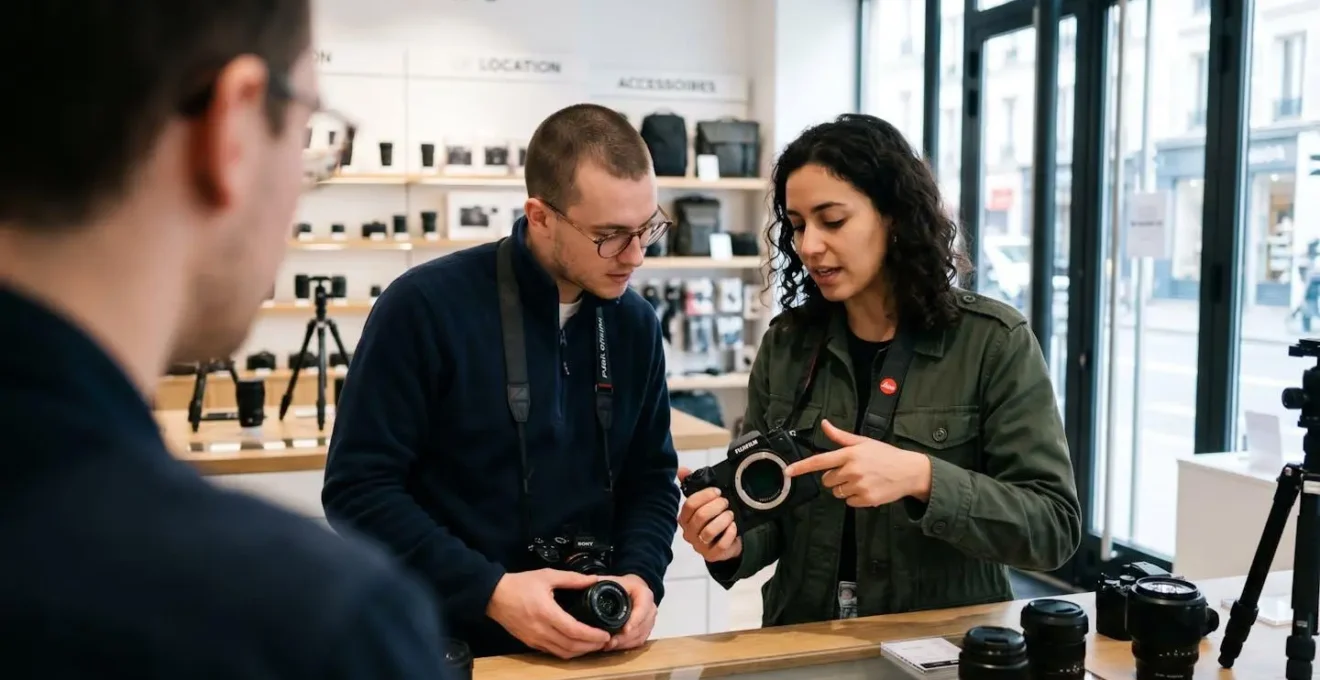 Deux photographes discutant d'un objectif dans un magasin de matériel photo contemporain, l'un montrant une monture d'objectif à l'autre