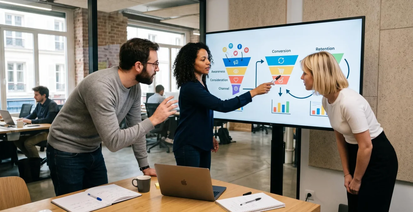 Une équipe marketing debout autour d'un grand écran affichant un schéma de tunnel de conversion, en train de construire ensemble une stratégie web marketing.
