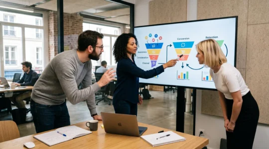 Une équipe marketing debout autour d'un grand écran affichant un schéma de tunnel de conversion, en train de construire ensemble une stratégie web marketing.